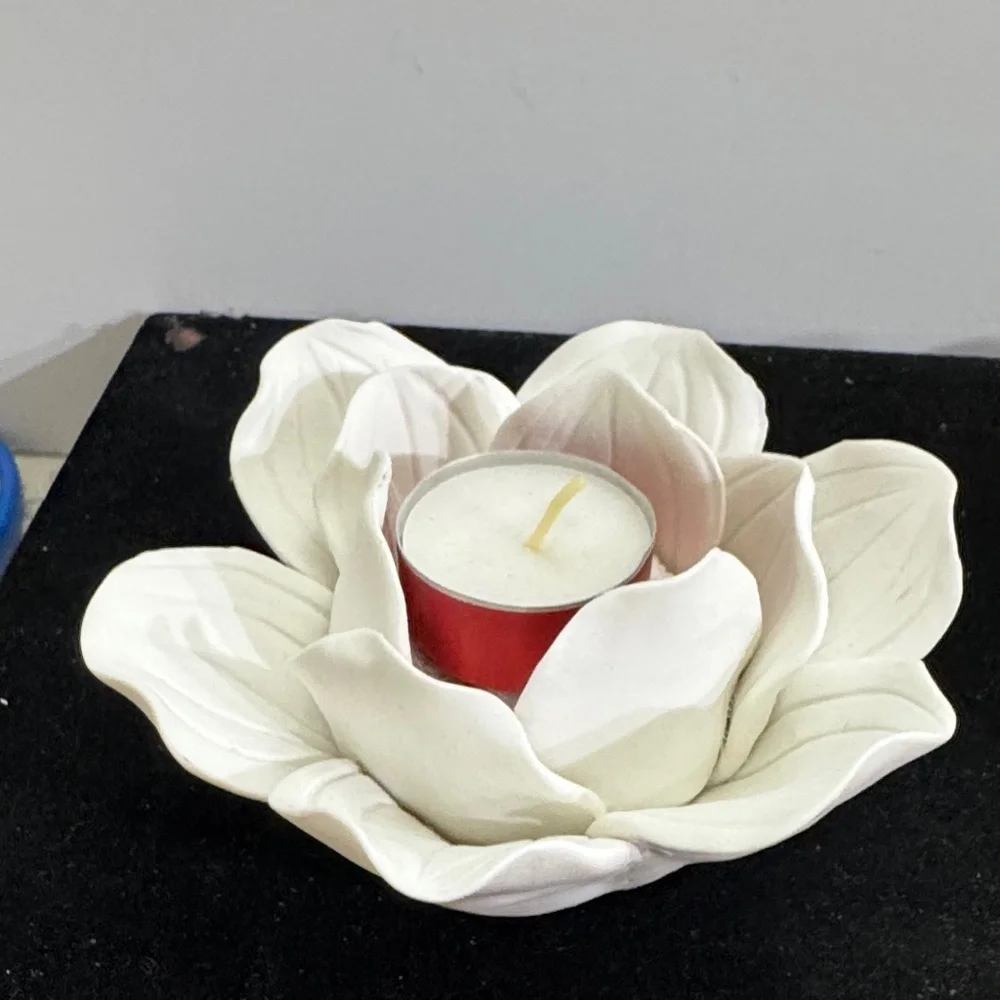 Threshold Tealight Candle Holder Porcelain White Flower Decoration (pair)